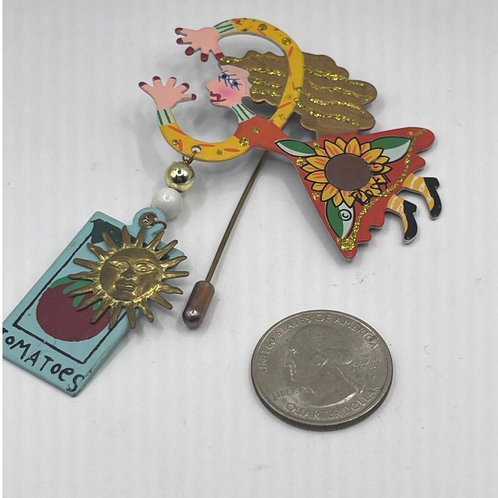 Vintage Rossi Garden Fairy Metal Stick Brooch Pin Tomato And Sun - Picture 3 of 4